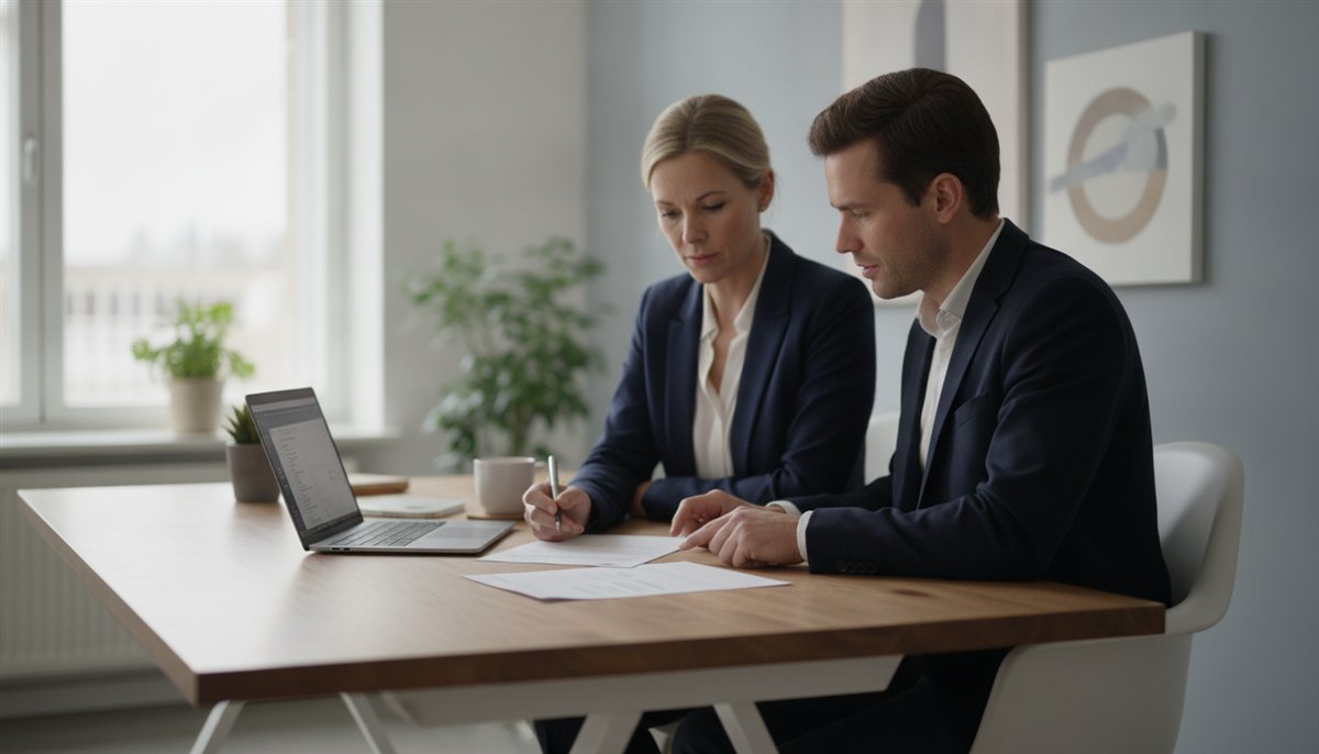 Twee collega's vergelijken offertes op een laptop