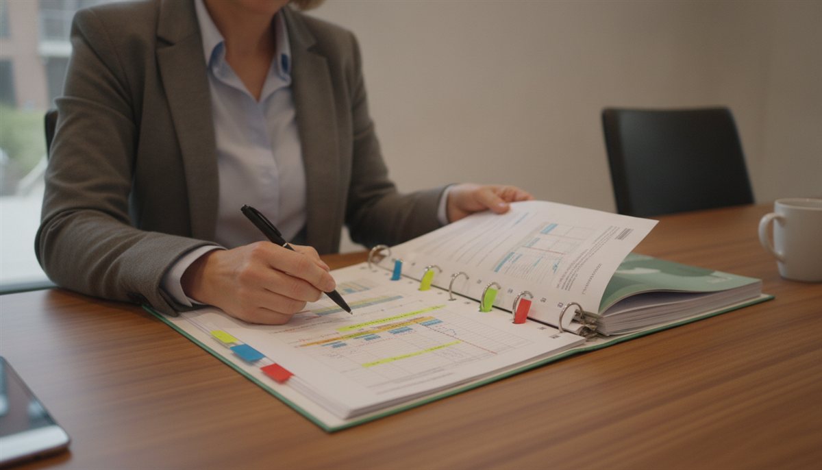 Meerjarenonderhoudsplan met markeringen op een tafel